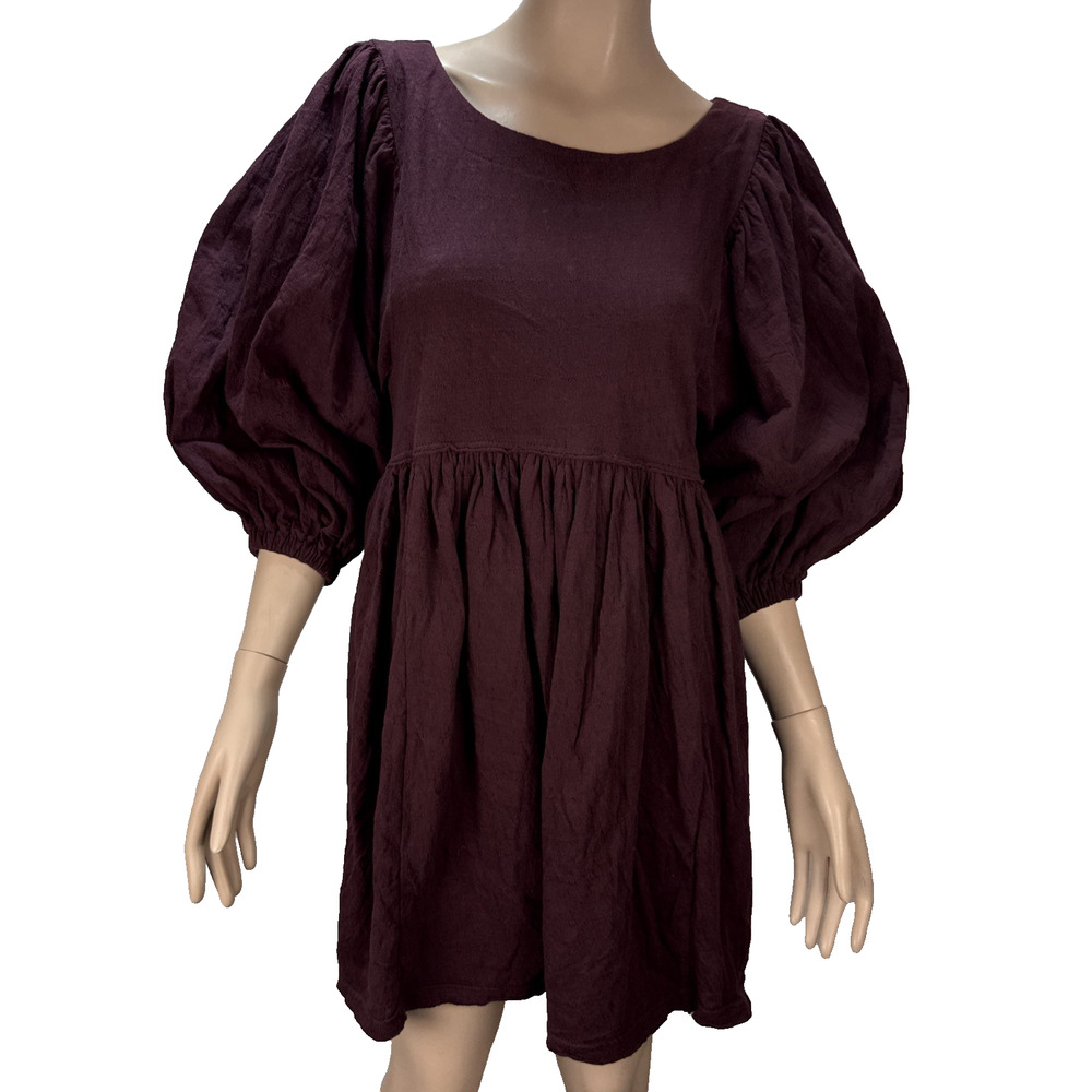 Free People Beach Get‎ Obsessed Babydoll Dress Size S Puff Sleeve Maroon